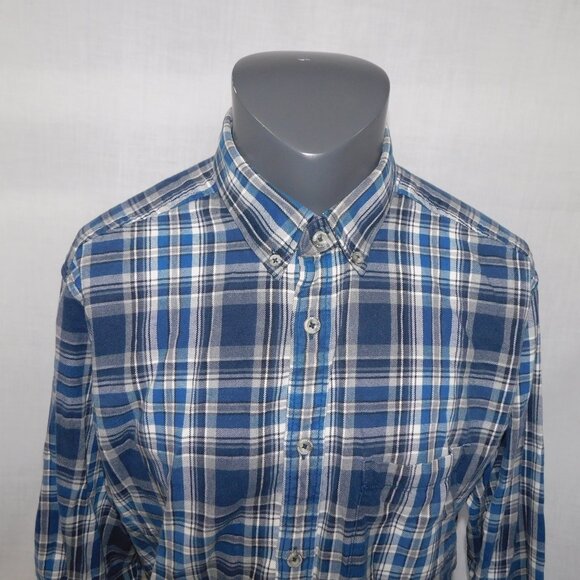 Eddie Bauer Mens L Blue White Plaid Button Front Relaxed fit Flannel Shirt - Picture 2 of 11